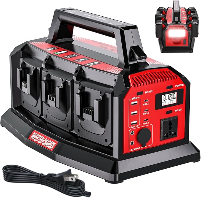 1200W Integrated Power Inverter with 6A Fast Charger, 6 Ports for Milwaukee M18 Battery, Portable Pure Sine Wave Inverter with 120V AC Outlet, 6*USB and LED Light for Camping Travel Jobsite(Tool Only)