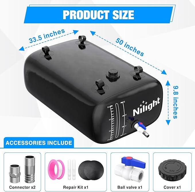 Nilight 87Gal/330L Water Storage Bladder RV Potable Water Bladder Tank Camping 1000D PVC Foldable Collapsible Storage Containers for RV,Carrier,Camping, Agricultural Irrigation,Garden Watering, Black