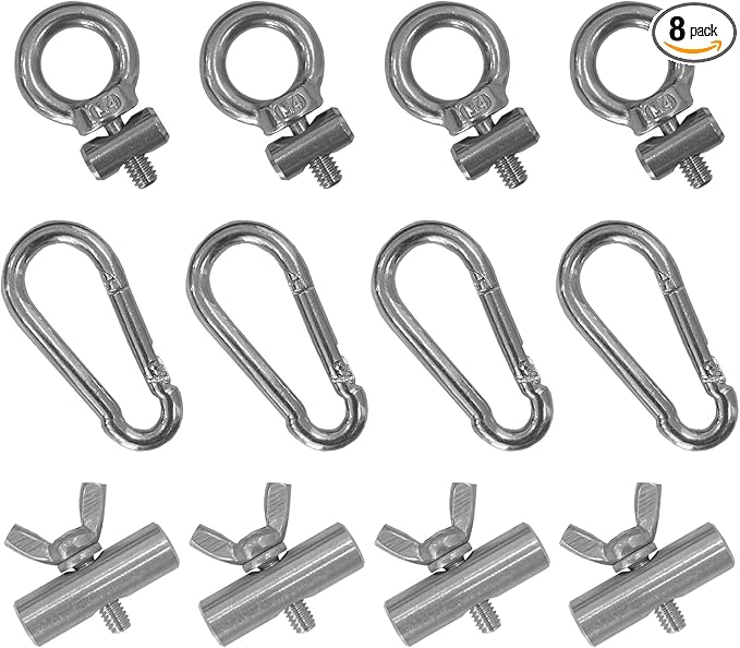 8Pcs Awning Rail Stoppers 6mm/8mm with 4 Carabiner Hooks, Stainless Steel End Stoppers Camping Tent Equipment Awnings Accessories for Caravan Motorhome Camperva