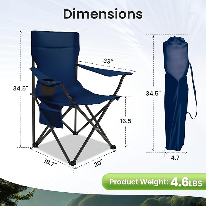 Portable Camping Chair 2 Pack, Folding Outdoor Chair with Cup Holder & Side Pocket for Camping (Navy Blue, 2 Pack)