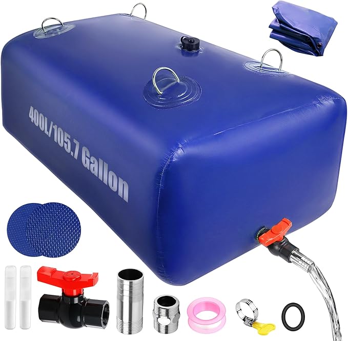 400 L/105.7 Gallon Water Storage Bladder, Foldable Portable Water Bladder Tank, Large Capacity Water Bag Container for Camping, Truck, RV, Emergency, Outdoor-Blue