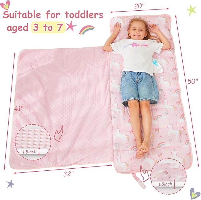 Toddler Nap Mat, Kids Sleeping Bag with Pillow & Minky Blanket, Girls Extra Large Rolled Nap Mats for Preschool Daycare Camping Kindergarten