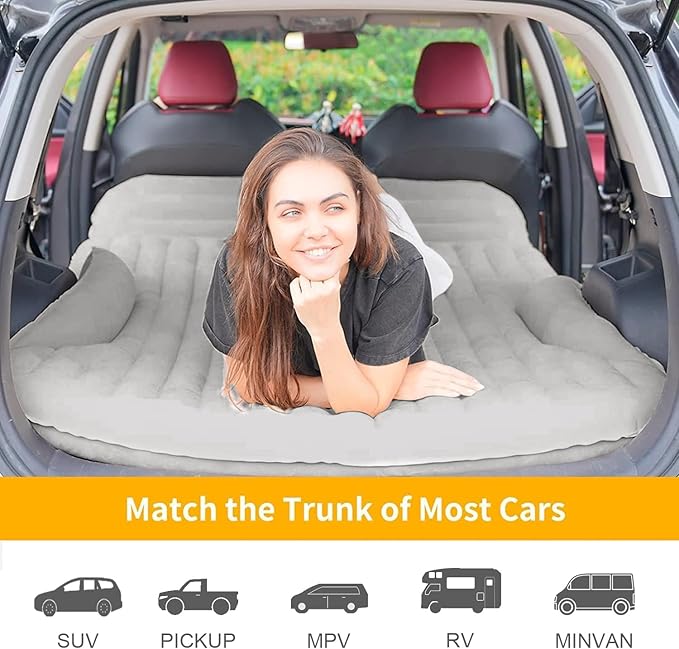 KMZ SUV Air Mattress Thickened and Double-Sided Flocking Travel Camping Bed with 2 Pillows & Electric Pump Dedicated Mobile Cushion Inflatable Bed for SUV Trunk and Rear Seat (Light Gray)