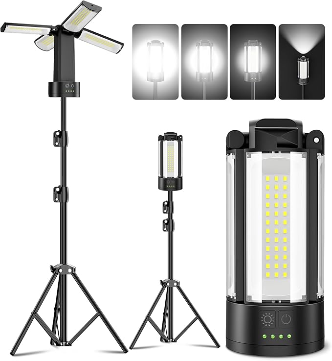 CORESLUX 10400mAh Rechargeable Camping Lights with Stand, 6000K Portable Work Light with 4 LED Lamp Heads, Magnetic Work Light Camping Essentials for Outdoor Work, Garage, Camping, Fishing