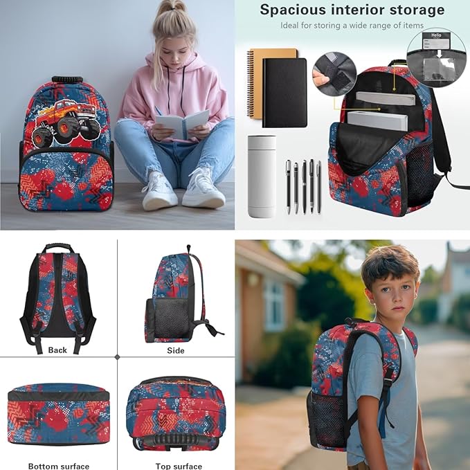 1st Grade Backpack Boys Truck Backpack and Lunch Box Set Boys Lightweight 17 Inch Elementary Back to School Supplies Daypack Bag