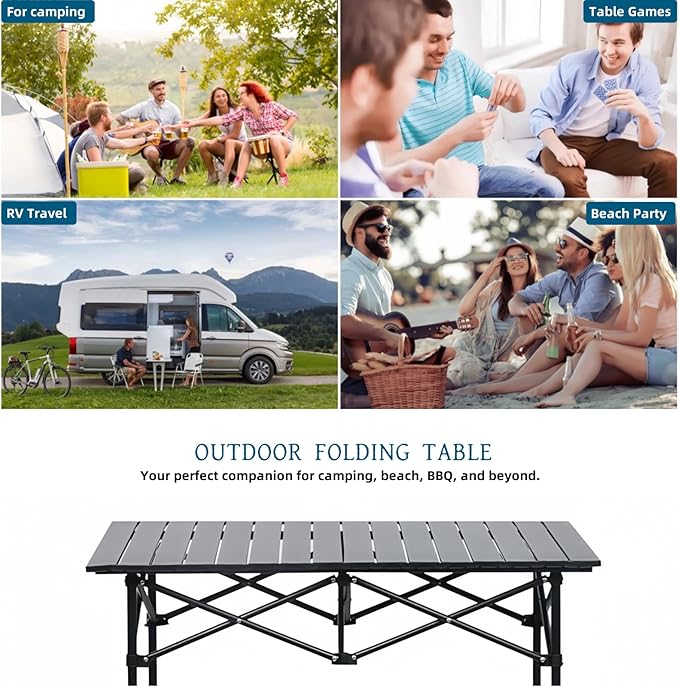 Camping Table，Portable Folding Table,with Carry Bag，Suitable for Indoor, Outdoor, Camping, Backyard, Party, Patio, The Black Camping Table at The Beach