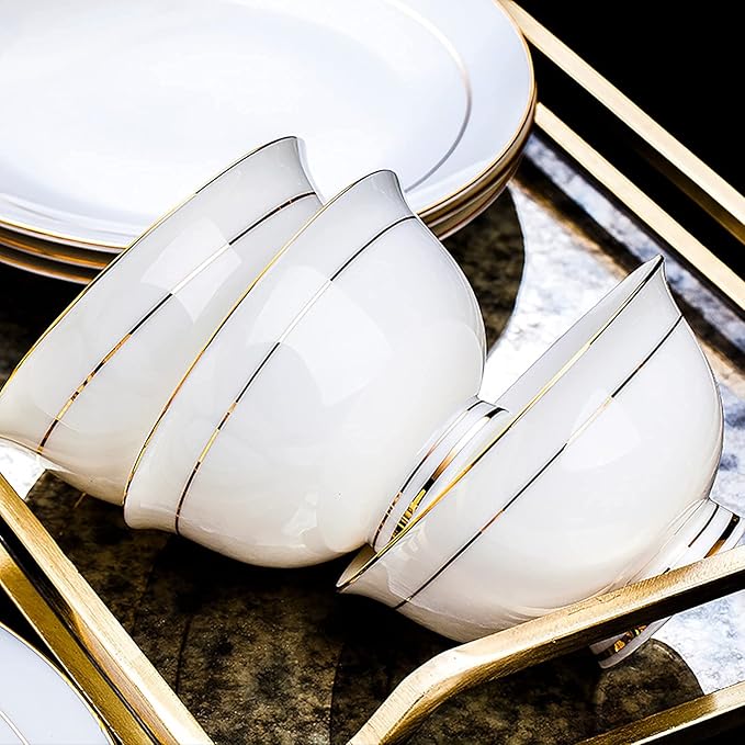 56 Pieces Dinner Set, White Porcelain Bone China Combi-Set Tableware Set with Cereal Bowl Bowls Dessert Plates Soup Plates Dinner Plates with Gold Rim Service for 10 People