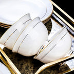 56 Pieces Dinner Set, White Porcelain Bone China Combi-Set Tableware Set with Cereal Bowl Bowls Dessert Plates Soup Plates Dinner Plates with Gold Rim Service for 10 People