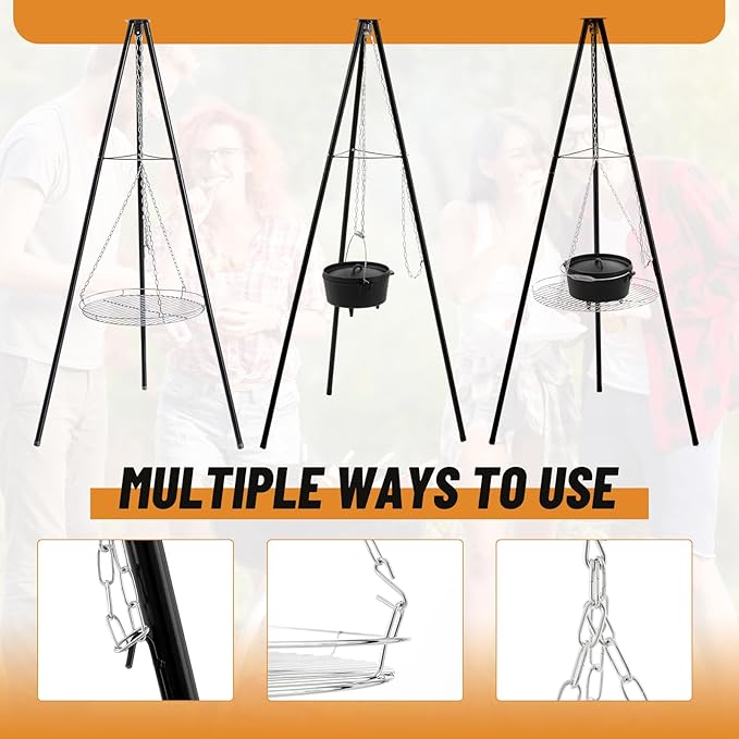 Maxdot Camping Tripod Dutch Oven for Camp Fire Cooking Equipment, 4 Quart Cast Iron Dutch Oven with Lid, Adjustable Height Tripod Campfire Lantern Hanger, Grill Grate, Cap Remover for over Fire Pit