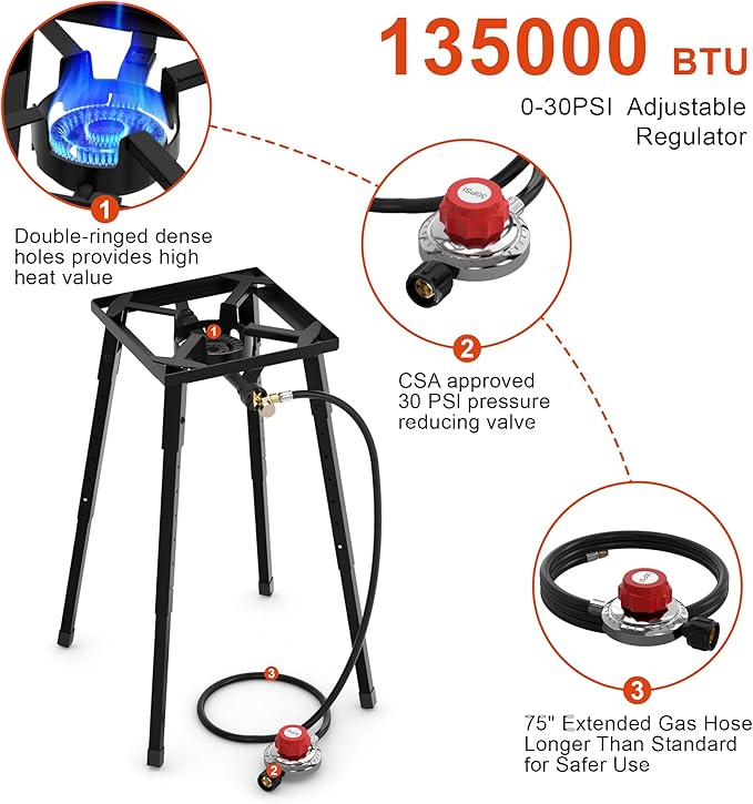 Nelyrho Propane Outdoor Stove, High Pressure Single Propane Burner, 153,000 BTU, Adjustable Height, 0-30 PSI, Heavy-Duty Cast Iron for Outdoor Cooking, Camping, Turkey Frying & Brewing