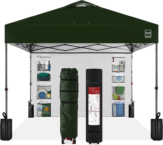 Best Choice Products 10x10ft Pop Up Canopy Tent with Sidewall, 1 Person 1 Minute Set Up, Carry Case, 4 Weight Bags - Dark Green