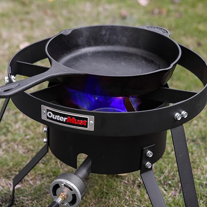 85000 BTU Camping Stove for Cast Iron Dutch Oven,Single Propane Burner with 10 PSI Regulator & Cast Iron Braided Holes, Heavy Duty Round Gas Stove for Outdoor Cooking & Camping