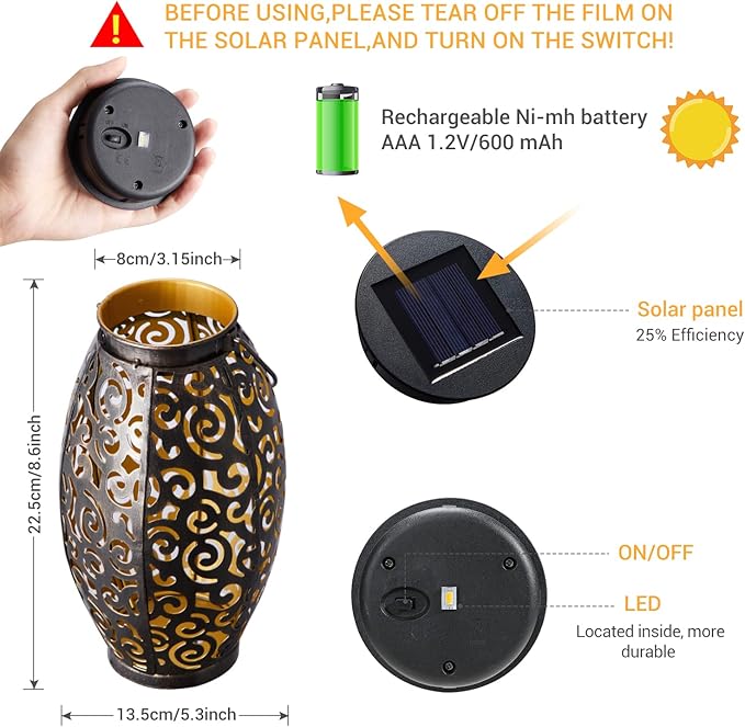 Solar Lanterns Outdoor Waterproof, 2 Pack Solar Garden Lanterns, LED Hanging Lanterns Solar Powered with Handle, Garden Decorative Retro Metal Solar Light for Table Pathway Walkway, Gardening Gifts