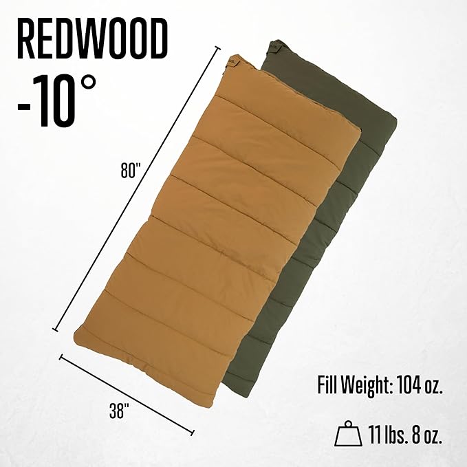 ALPS OutdoorZ Redwood -10°F Flannel-Lined Sleeping Bag with Cotton Canvas Shell, Heavy-Duty Zippers, Oversized Rectangle Design, Cold Weather Camping & Hunting Gear