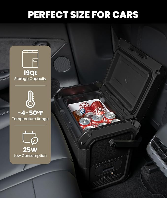 EENOUR D18 12 Volt Car Refrigerator, Portable Freezer 19Qt/18L Battery & Solar Powered Cooler 25W, -4~50℉, 12/24V DC, 110~240V AC, for 1-2 People, Short Trip, Truck (Battery Not Included) Black