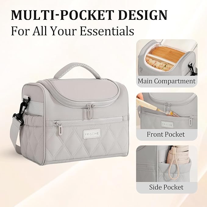 Lunch Bag for Women Insulated,Lightweight Soft Lunch Box with Straps,Reusable Leakproof Lunch Cooler for Work Meal Camping Beach,Grey