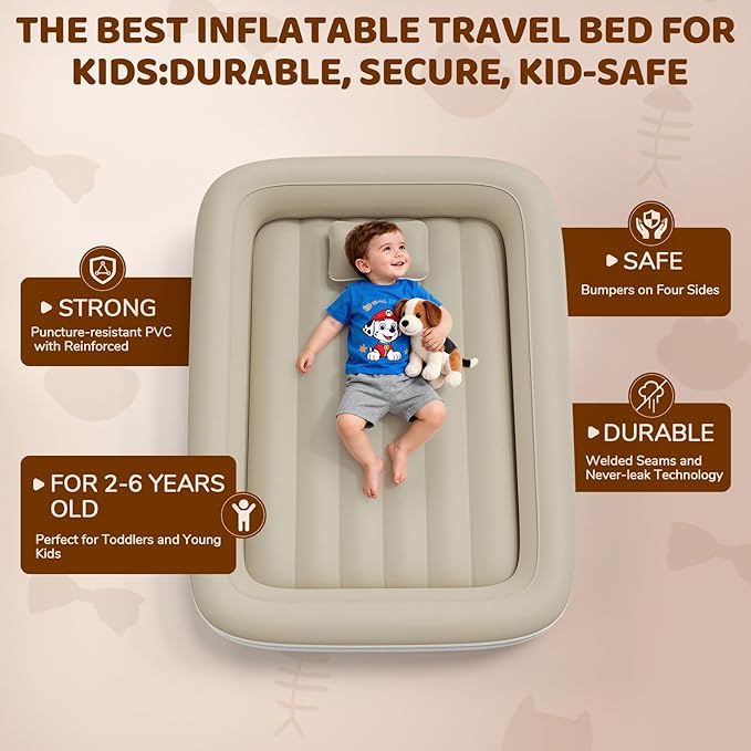 Inflatable Toddler Travel Bed - 53 Inches Portable Toddler Air Mattress with Four Safety Sides - High-Speed Pump and Carry Bag - Comfortable Mattress & Easy to Inflate and Deflate - Apricot