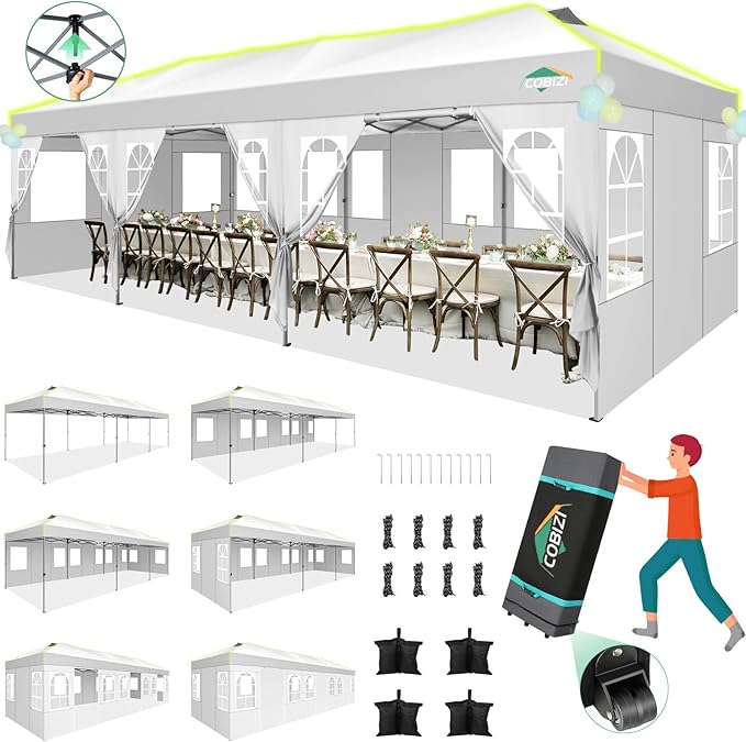 COBIZI 10x30 Pop Up Canopy Tent with 8 Removable Sidewalls, One Push Party Tent Outdoor Waterproof Event Canopy with Air Vent for Parties Commercial Wedding, 3 Height, Roller Bag, Sandbag, White