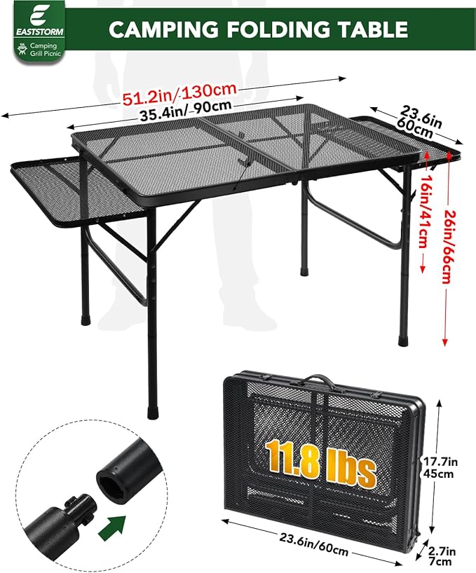 3ft Folding Camping Table with Wing Panels, Adjustable Height Metal Grill Prep Table with Storage Net, Paper Towel Holder, Hooks, Trash Bag Rack for BBQ, RV, Picnic, Portable Grill