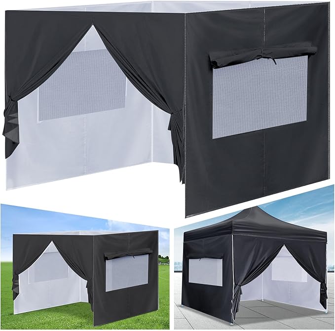 4Pcs Canopy Sidewall for 10x10 Canopy Frame Enclosure Wall with Mesh Window Replacement Side Wall for 10x10 Pop up Tent Outdoor Party, No Frame or Top(Black)
