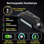 Rechargeable LED Headlamps 4 Pack with Hooks, 230° Wide Beam Head Lamp with Motion Sensor, USB C, IPX6 Waterproof, 5 Light Modes, Hard Hat Compatible Headlight for Adults Camping Hiking Working