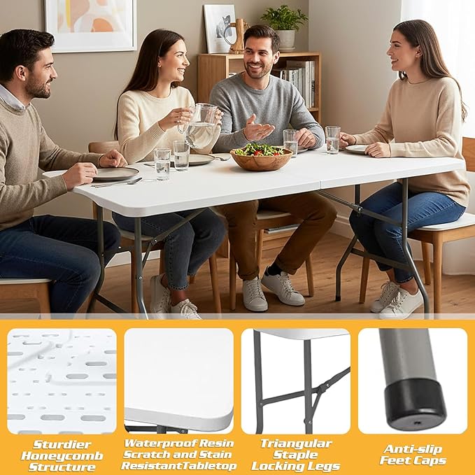 Camp Field 6ft Heavy Duty Portable Table, Folding Table for Indoor & Outdoor Picnic & Card Table for Picnic, Party, Camping. (White, 6FT)