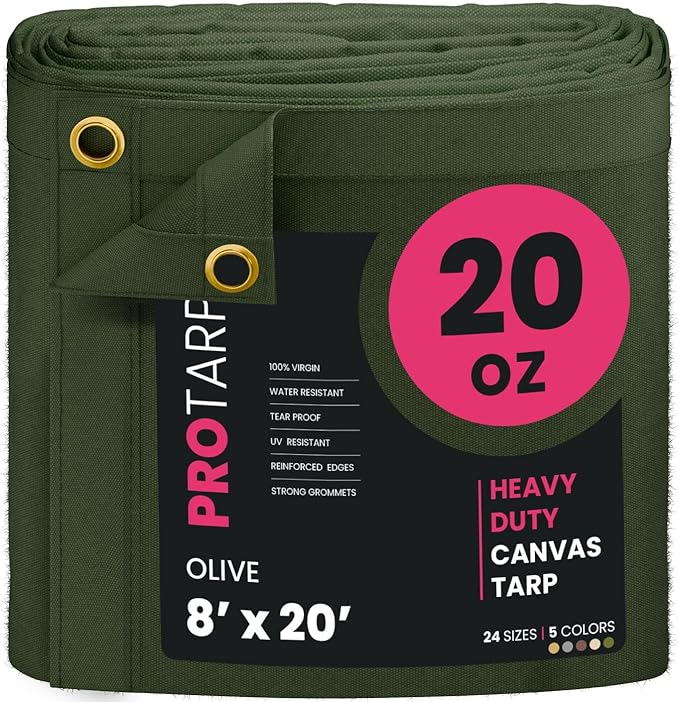 PROTARP Extreme Heavy Duty 20 OZ Water Resistant Canvas Tarp, UV Resistant Tarpaulin Cover with Rustproof Brass Grommets, Multipurpose for Canopy, Roof, Camping, Woodpile (Olive 8'X20')