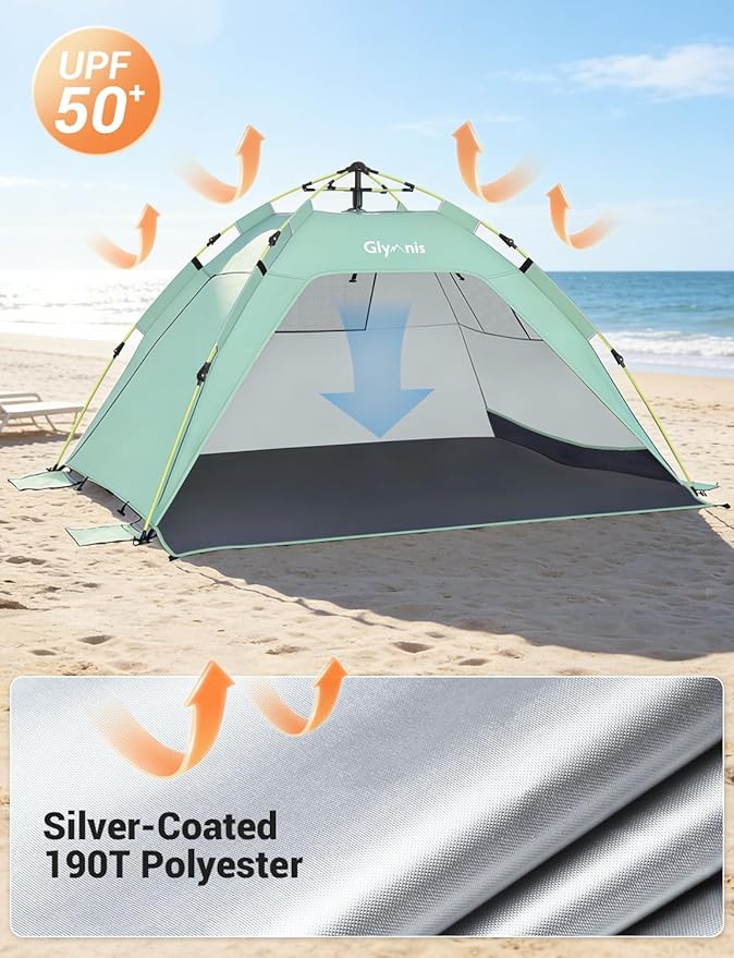 Glymnis Pop Up Beach Tent Sun Shade Shelter for 3-4 Person with UPF 50+, Lightweight & Easy Setup, Vent Windows & Zippered Door, Extended Floor Family Instant Beach Tent