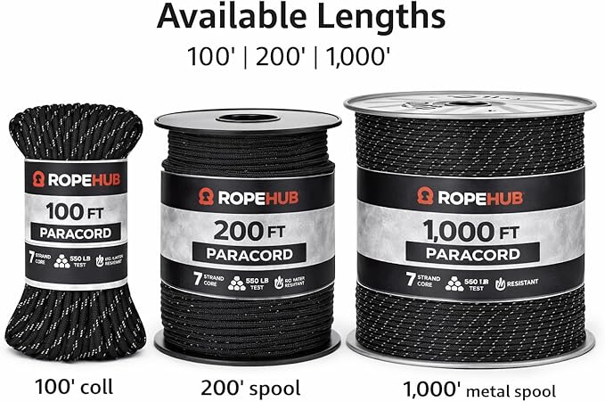 RopeHub 550 Paracord – 7 Strand Core Nylon Parachute Cord, 550 lb Test – Durable Utility Cord for Camping, Survival, DIY, Gear, Tents, Tarps – Multiple Colors & Lengths