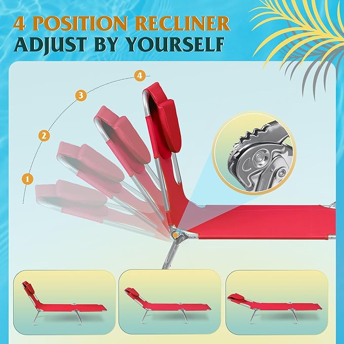 WLIVE Beach Lounge Chair for Adults, 4-Position Folding Tanning Chairs with Face Hole, 2 Legs Support Portable Outdoor Chair for Beach, Pool, Red