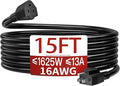 16/3 13A 125V 1625W 15 FT Outdoor Extension Cord Waterproof, Weatherproof & Flame Retardant Black 3 Prong Power Cord Outside for Lawn & Garden,125 VAC 16AWG SJTW, ETL Listed