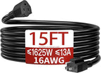 16/3 13A 125V 1625W 15 FT Outdoor Extension Cord Waterproof, Weatherproof & Flame Retardant Black 3 Prong Power Cord Outside for Lawn & Garden,125 VAC 16AWG SJTW, ETL Listed