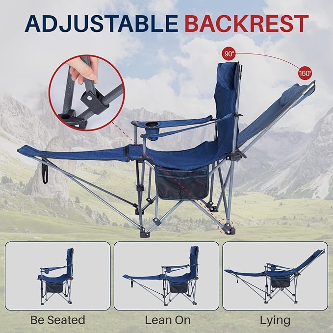 Folding Reclining Camping Chairs Footrest: 3 in 1 Portable Beach Lounge Chair Tanning Chairs with Backpack Lay Flat Lawn Chair Camping Furniture Camp Fishing Outdoor Carry Bag (Cloth Back, Navy Blue)
