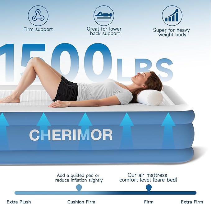 Queen Air Mattress with Built-in Rechargeable Pump, 1500 lbs Heavy-Duty Support, 16" Raised Upgraded Firmness Blow Up Mattress, Fast 3-Min Inflation, Inflatable Bed for Home, Guests & Camping
