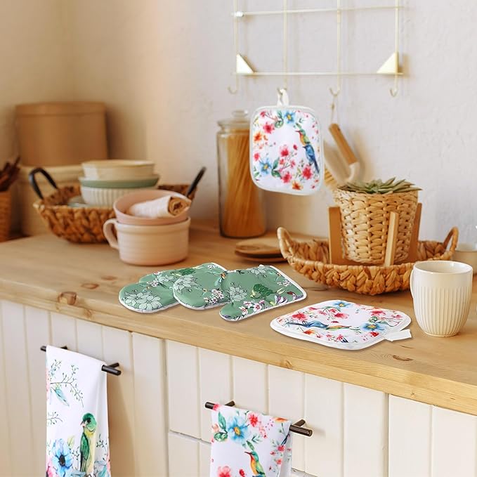 8 Pcs Birds Kitchen Gift Dish Towel Pot Holder Oven Mitt Set 4 Tent Car Tea Towels with Funny Sayings Novelty 2 Oven Mitts 2 Pot Holders Coffee Accessories Decor for Rv