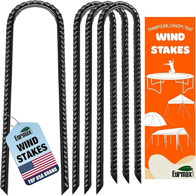 Eurmax USA 12 Inch Trampoline Stakes,Heavy Duty Ground Anchors,Trampoline Anchors,U Hook,Tent Stakes for High Wind,Ground Anchor Screw in,Yard Stakes,Galvanized Steel (4 Pack,Black)