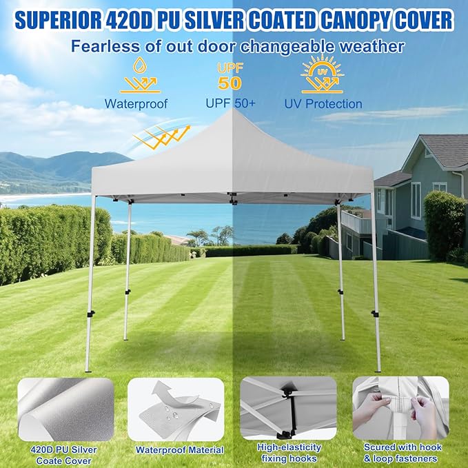 Yesker 10x10 Pop Up Canopy Tent with 4 Sidewalls Portable Folding Outdoor Canopy Easy Setup Gazebo Waterproof Instant Popup Shelter Tent w Wheel Carry Bag sandbags for Events Parties Camping, White