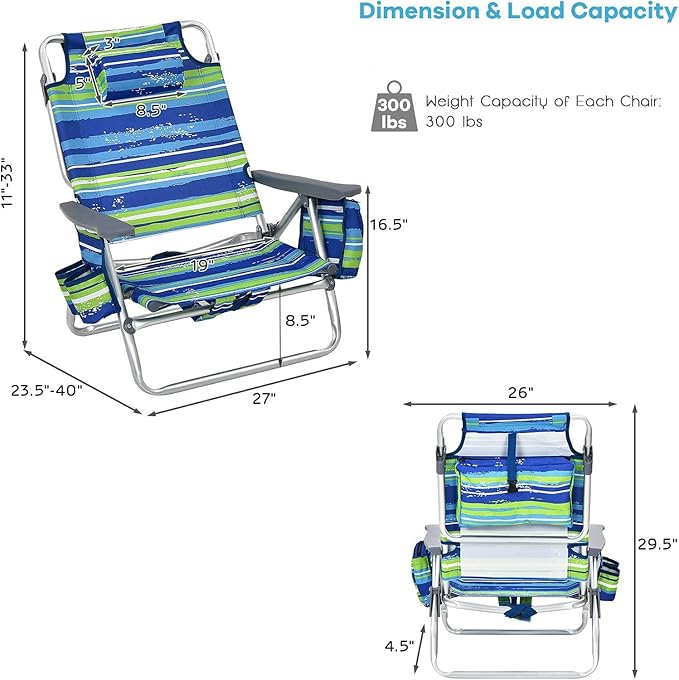 Goplus Beach Chair, Folding Backpack Beach Chairs for Adults with 5 Positions, Head Pillow, Cooler Bag, Towel Bar, Cup Holders, Sunbath Sling Tanning Lounge, Foldable Layout Camping Chairs