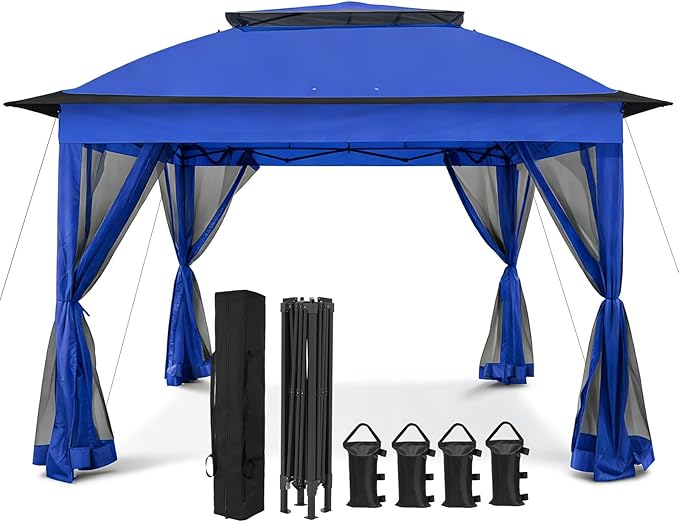 COOS BAY Pop up Gazebo 11x11, Instant Canopy Tent with Mesh Netting, Patio Gazebo with 121 Square Feet of Shade, 4 Weight Bags Included, Blue