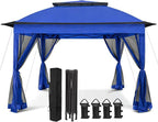 COOS BAY Pop up Gazebo 11x11, Instant Canopy Tent with Mesh Netting, Patio Gazebo with 121 Square Feet of Shade, 4 Weight Bags Included, Blue
