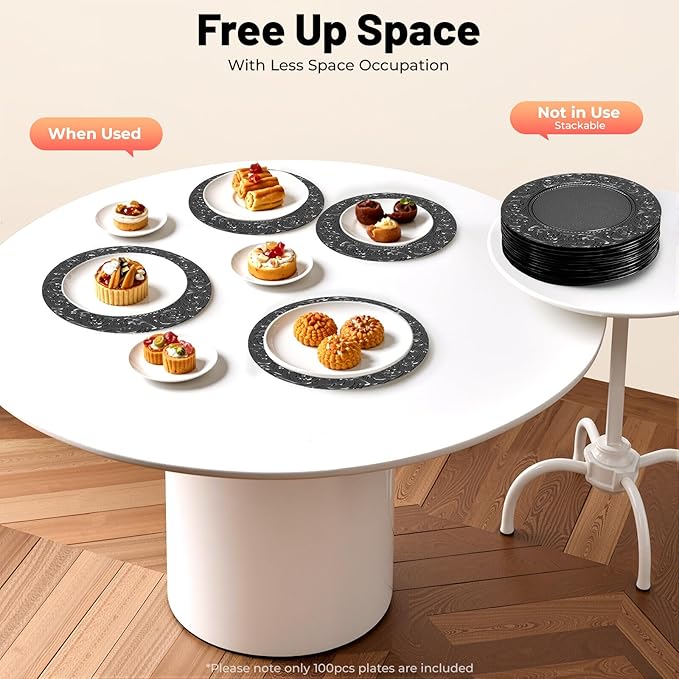 DYRABREST 100 Pcs 13 Inch Black Charger Plates, Bulk PP Wedding Chargers with Floral Reef Design Decorative Round Ruffled Rim Dinner Plates for Wedding Party Event Table Setting Decoration