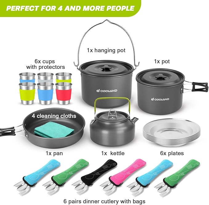 Odoland 39pcs Camping Cookware Mess Kit, Non-Stick Large Size Hanging Pot Pan Kettle with Base Dinner Cutlery Sets for 6 and More, Cups Dishes Forks Spoons Kit for Outdoor Camping Hiking Picnic