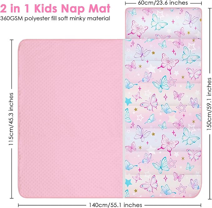 Kids Nap Mat Portable Slumber Bags with Removable Pillow and Blanket for Girls Boys, Lightweight Extra Large Sleeping Bag for Preschool Camping Daycare