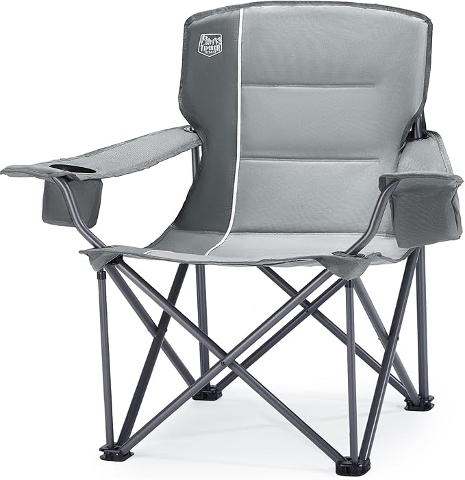 TIMBER RIDGE Oversized Folding Camping Chair for Adults, Support 550 LBS Heavy Duty with Cup Holder Side Pocket for Camping, Lawn, Picnic, Grey