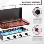 Bonnlo 40000BTU Propane Griddle with Lid and Ignition, Standing Flat Top Gas Grill with Storage Shelf and Portable Rolling Wheels, 4 Burner Camping Cooker for Patio Backyard Outdoor Cooking BBQ