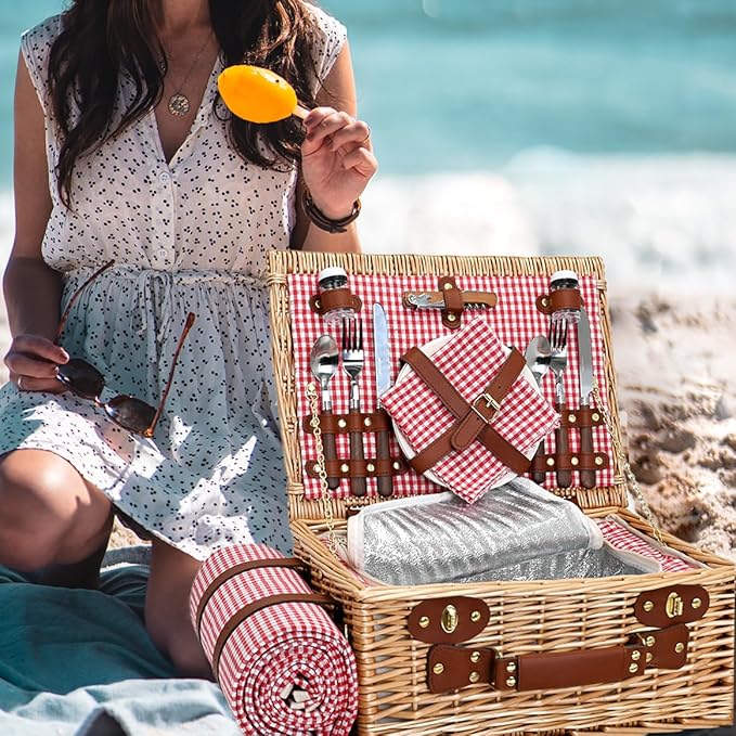 Picnic Basket with Blanket and Wine Pouch for 2, Wicker Picnic Set with Insulated Liner Cooler Bag Hamper for Camping,Wedding - Red Gingham