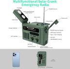 Solar Hand Crank Emergency Radio,NOAA/AM/FM with LED Flashlight & Reading Lamp,USB Type-C/Solar/Hand Crank Charging,Bluetooth Speaker,SOS Alarm&Compass for Camping Indoor Outdoor Emergencies (Green)