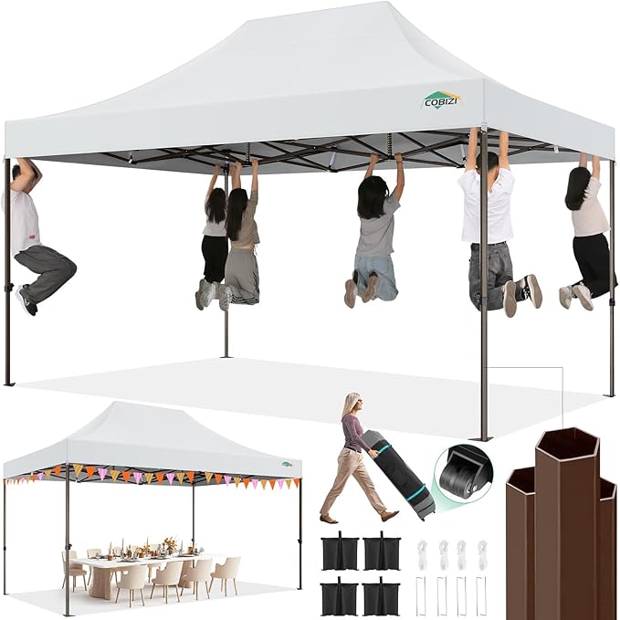Cobizi Heavy Duty 10x15 Pop Up Canopy Tent Without sidewall, Easy Up Canopy Outdoor Tents for Party Backyard Wedding, Instant Commercial Gazebo with Roller Bag, Upgraded Legs, White