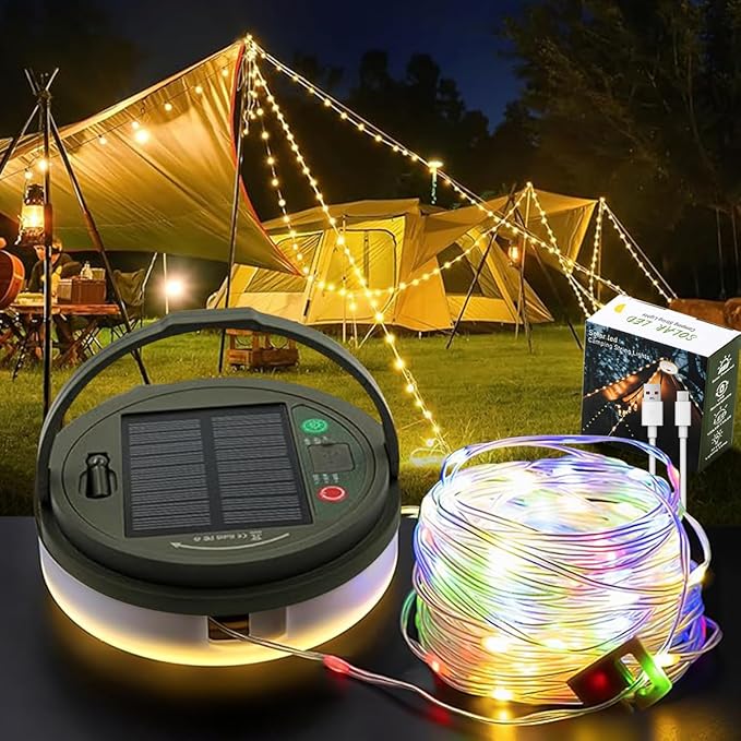 33FT Solar Camping String Lights, Rechargeable String Lights with 8 Modes, Waterproof Outdoor Lights with Delay Closure, Retractable Design & Hooks for Outdoor Patio Awning Garden Party Essentials