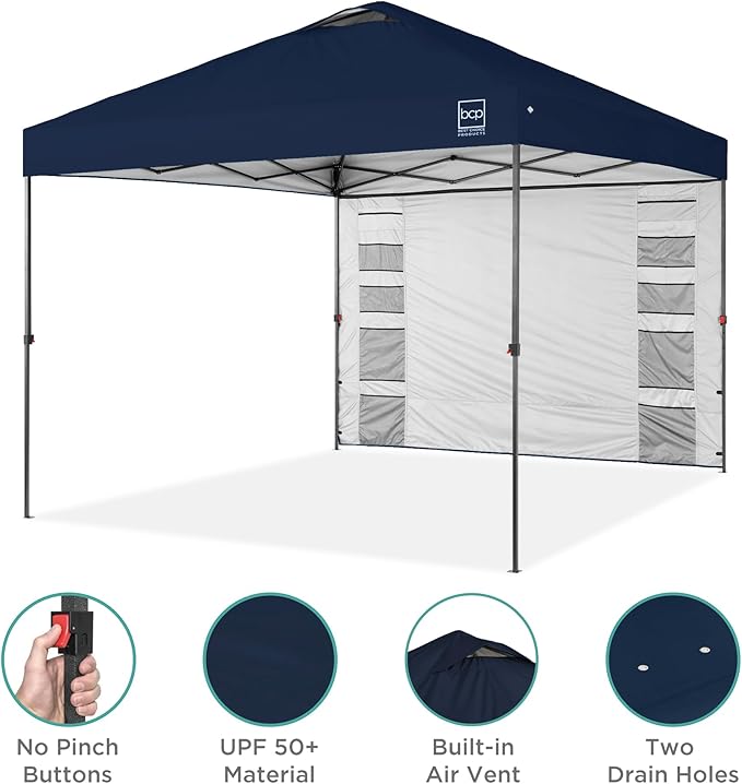 Best Choice Products 10x10ft Pop Up Canopy Tent with Sidewall, 1 Person 1 Minute Set Up, Carry Case, 4 Weight Bags - Navy Blue